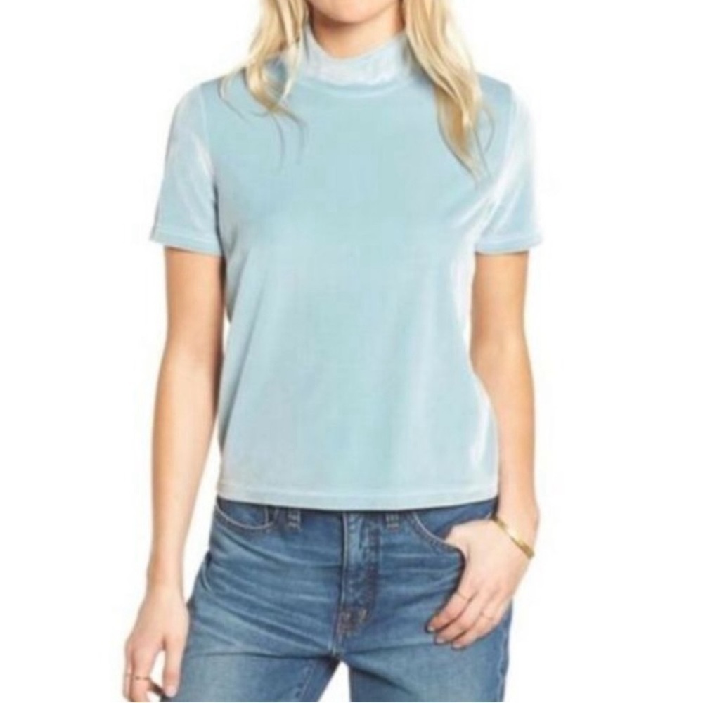 Madewell Mint Green Mockneck Velvet Short Sleeve Blouse XS